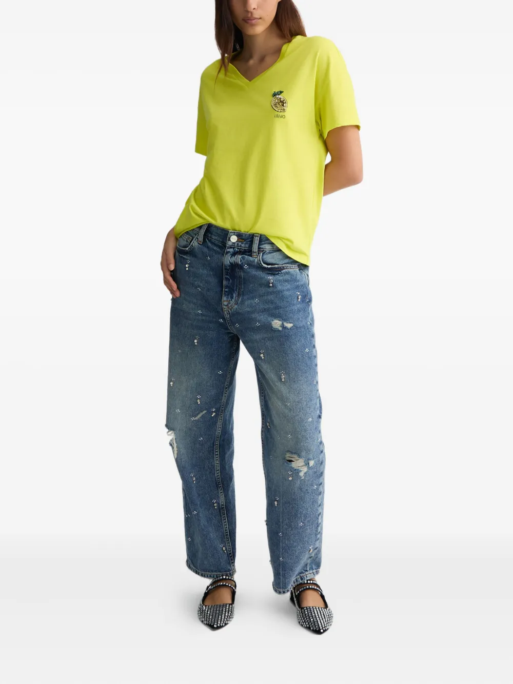 Liu •jo Lemon-embellished V-neck T-shirt In Yellow
