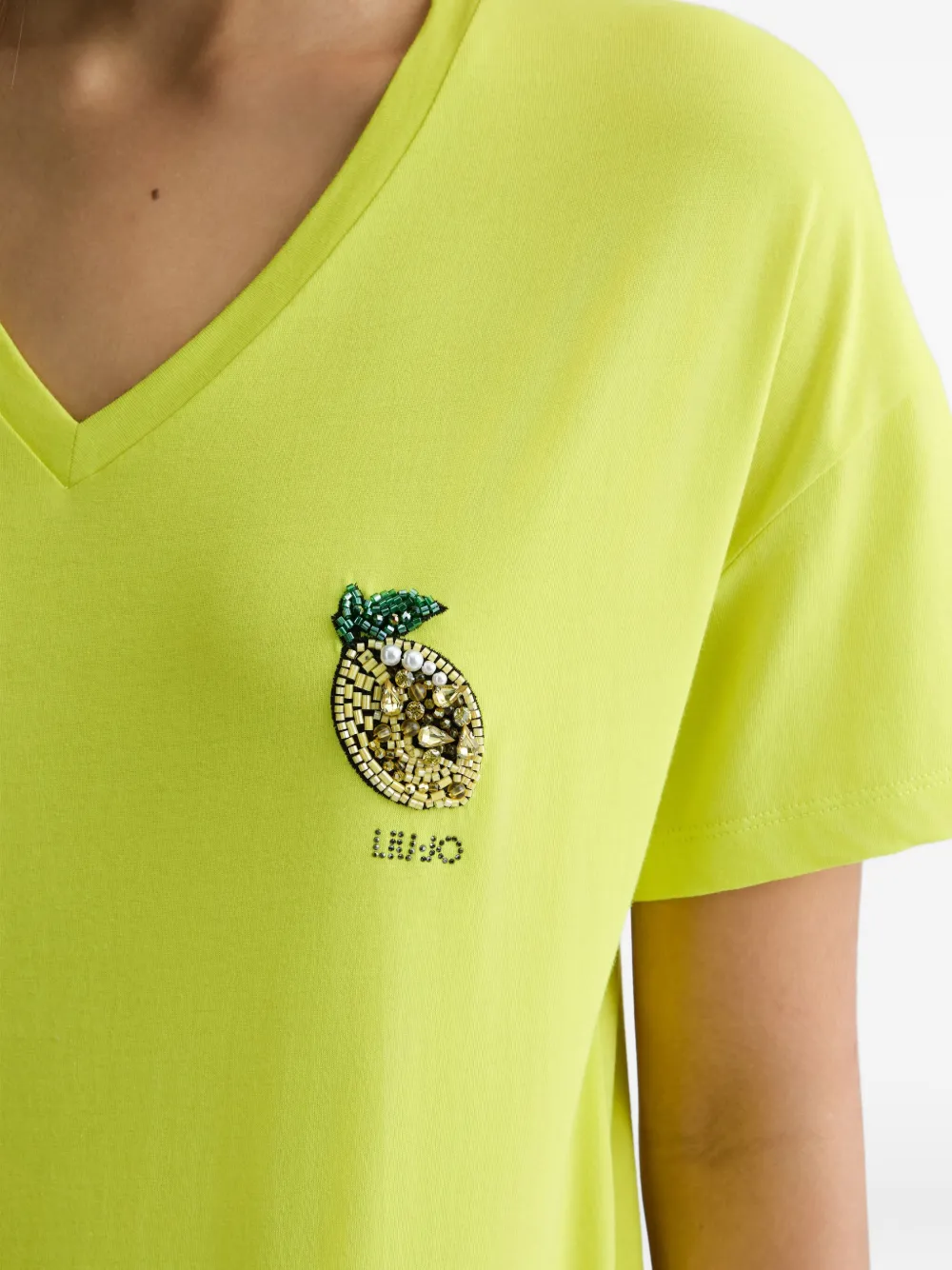 Liu •jo Lemon-embellished V-neck T-shirt In Yellow