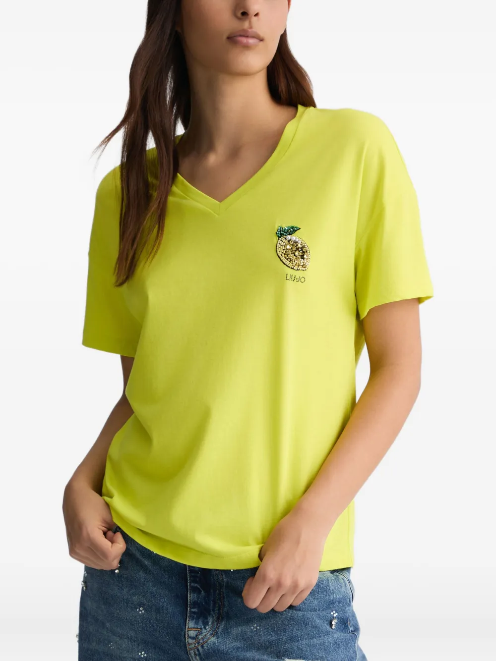 Liu •jo Lemon-embellished V-neck T-shirt In Yellow