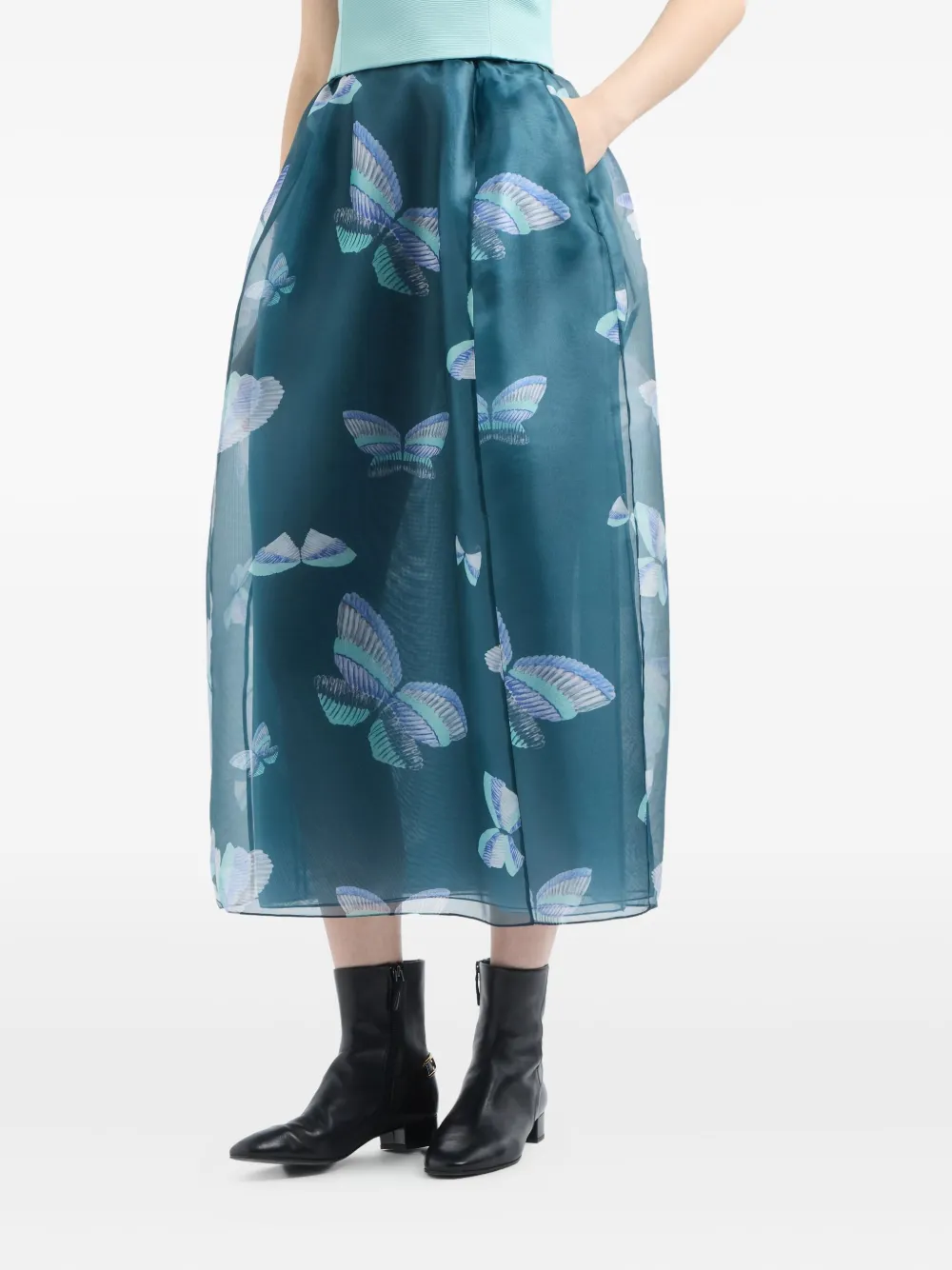 Emporio Armani butterfly-print midi A-line skirt - Blauw