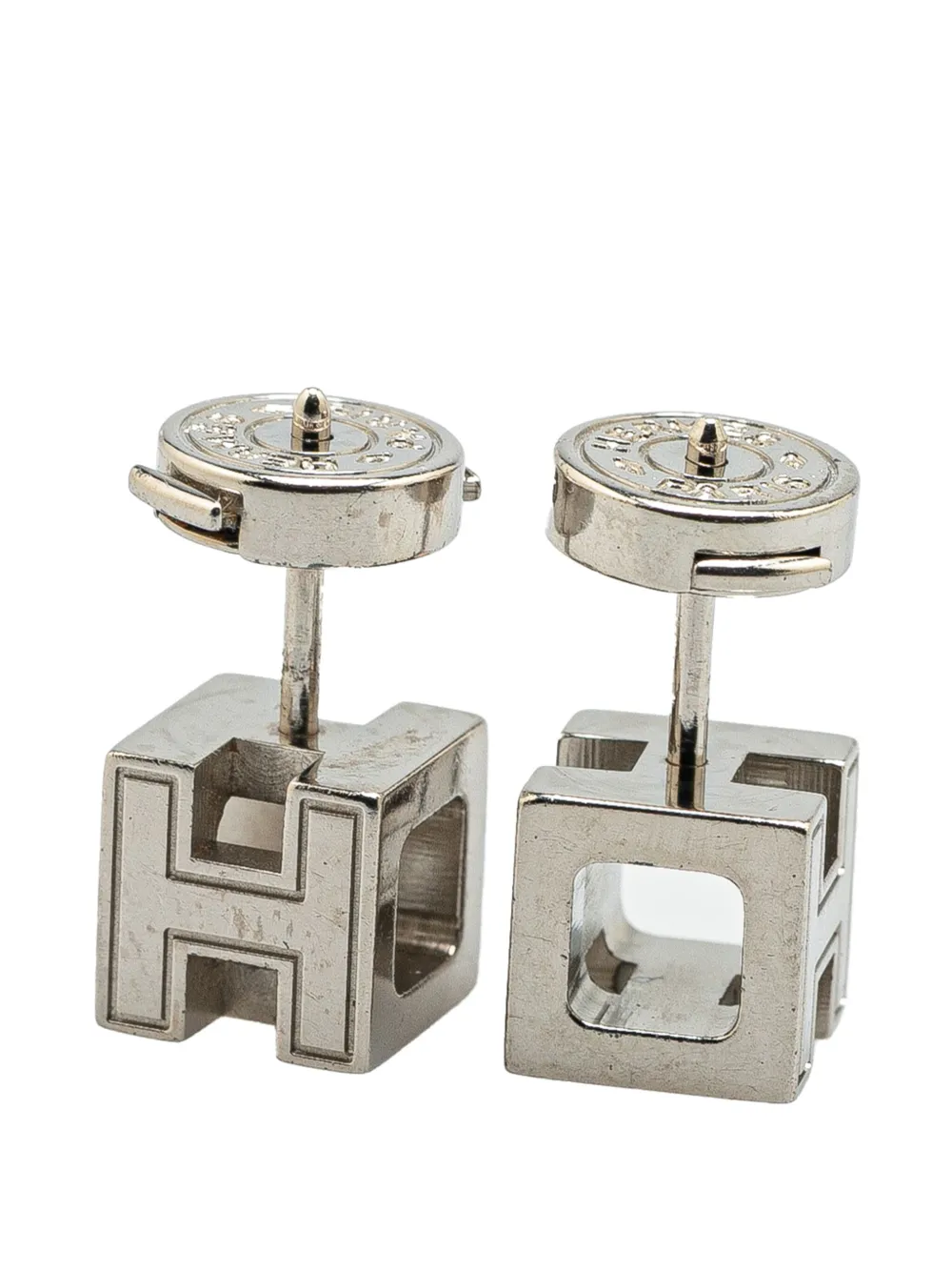 Pre-owned Hermes 2000-2010 Palladium Plated Cage D'h Push Back Earrings Costume Earrings