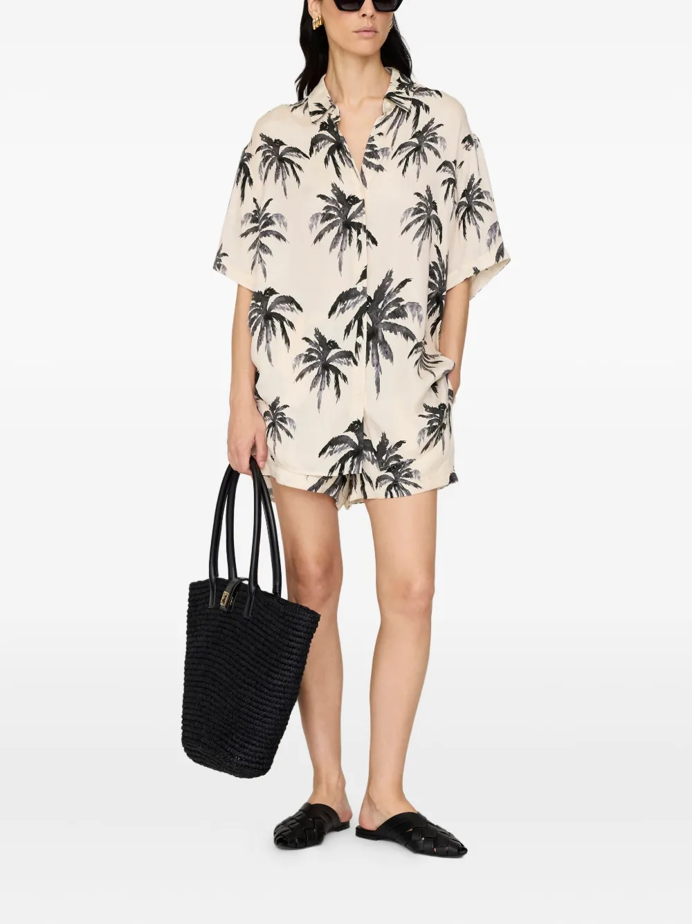 ANINE BING Kam palm-print shorts Beige