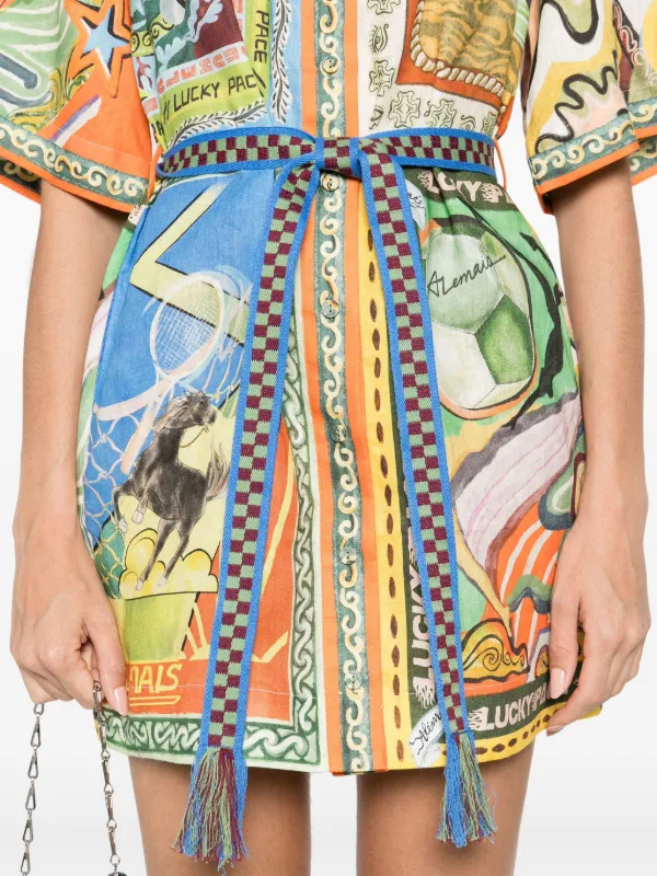 alemais lucky pace mini dress ALMAIS Lucky Pace Linen Short-Sleeve Belted Mini Shirt Dress