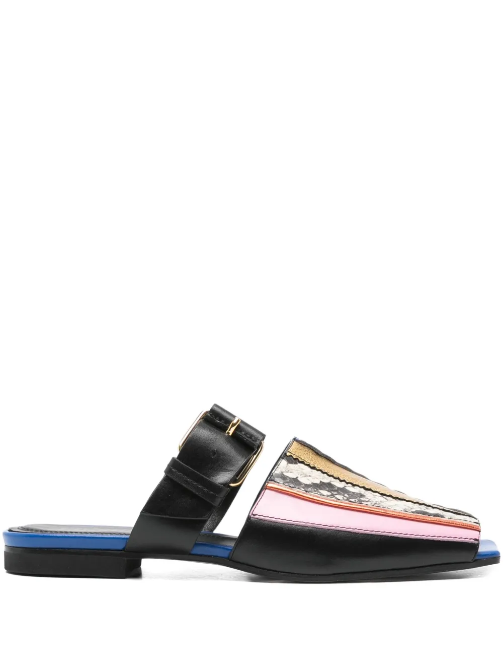 Colville Patch buckle-detail patchwork mules Blue