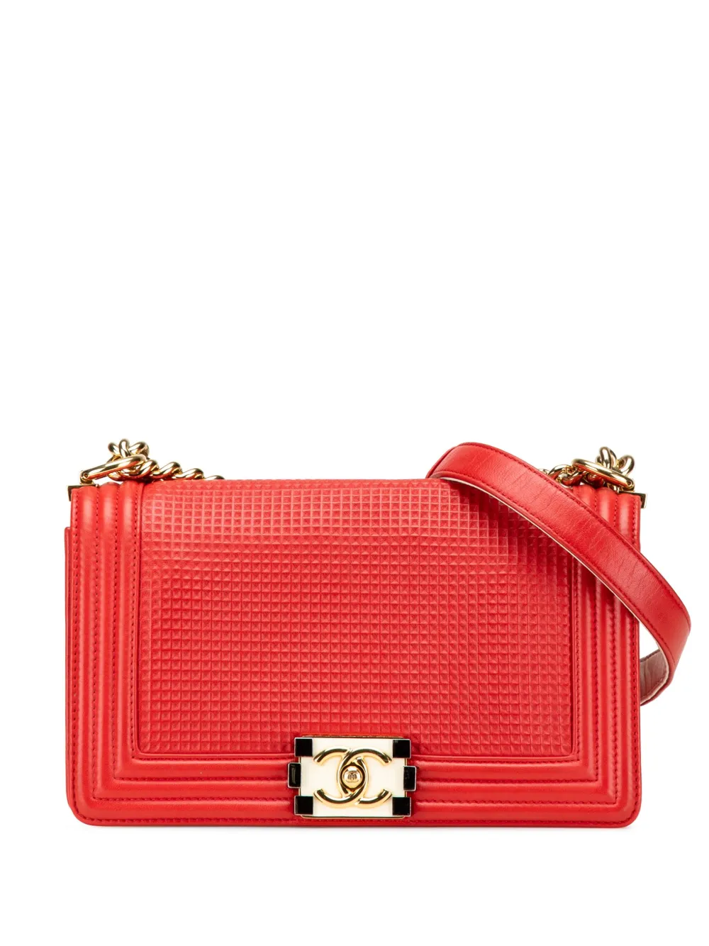 CHANEL Pre-Owned 2013-2014 オールドミディアム ラムスキン エンボス キューブ ボーイ フラップ ショルダーバッグ CHANEL Pre-Owned 2013-2014 オールドミディアム ラムスキン エンボス キューブ ボーイ フラップ ショルダーバッグ