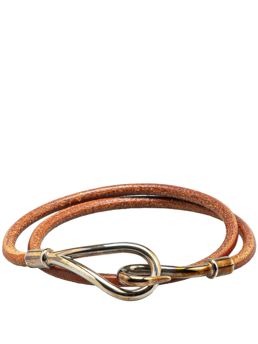 Pre-owned Hermes 20th Century Palladium Plated And Leather Jumbo Hook Double Tour Bracelet Costume Bracelet