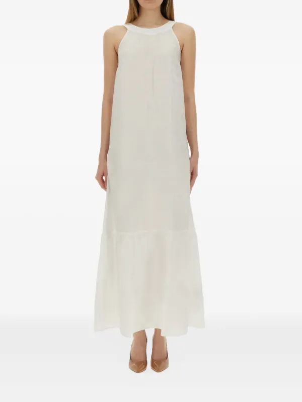 120% Lino round-neck Tiered Dress | White | FARFETCH