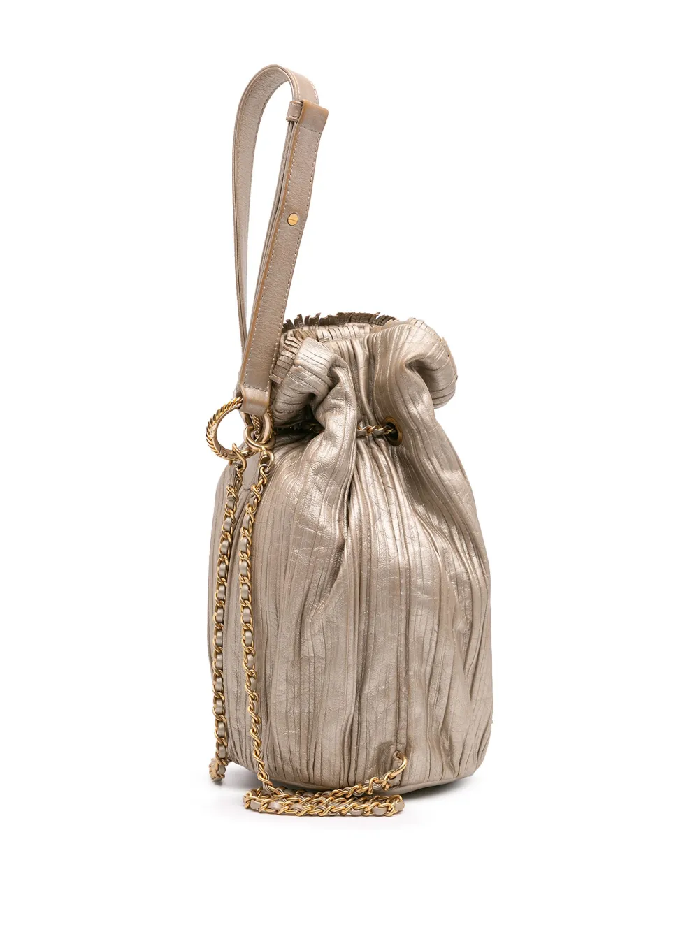 Pre-owned Chanel 2017-2018 Small Metallic Calfskin Coco Pleats Drawstring Backpack In Gold