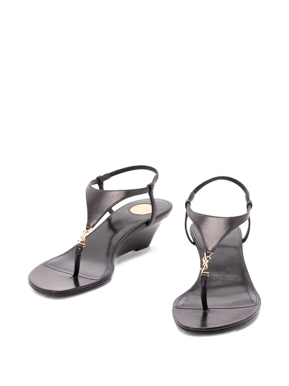 Saint Laurent Cassandre Wedge Leather Thong Sandal In Black