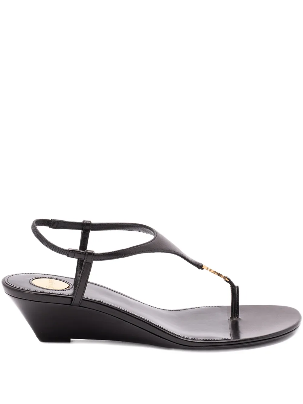 Saint Laurent Cassandre Wedge Leather Thong Sandal In Black
