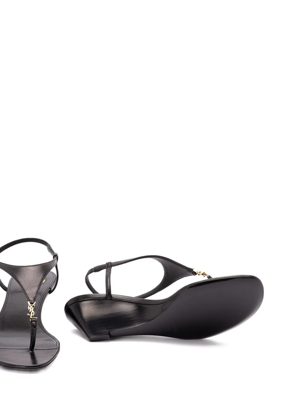 Saint Laurent Cassandre Wedge Leather Thong Sandal In Black