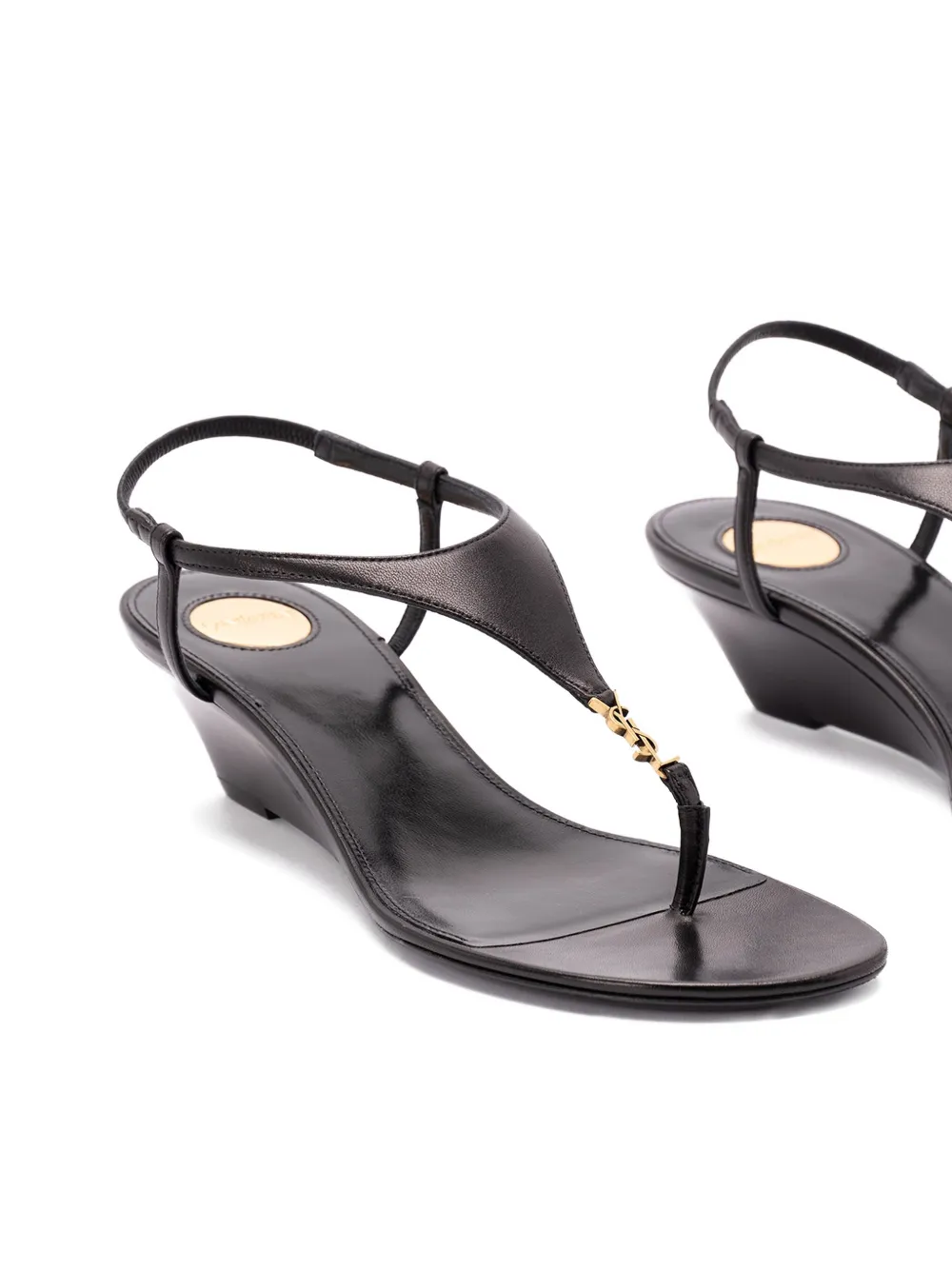 Saint Laurent Cassandre Wedge Leather Thong Sandal In Black