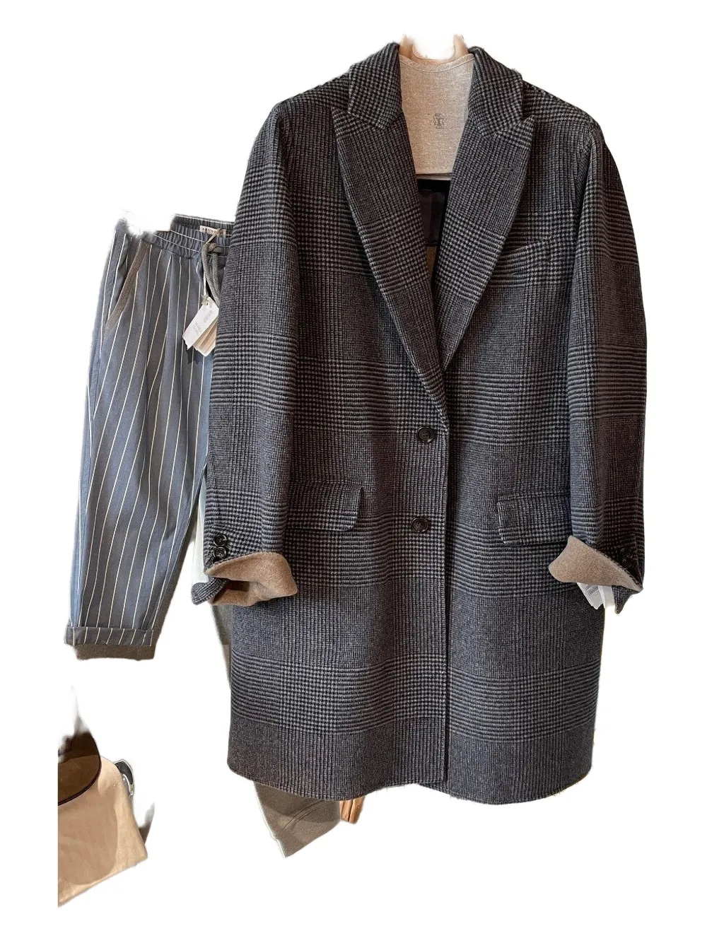 Brunello Cucinelli check cashmere coat Grijs