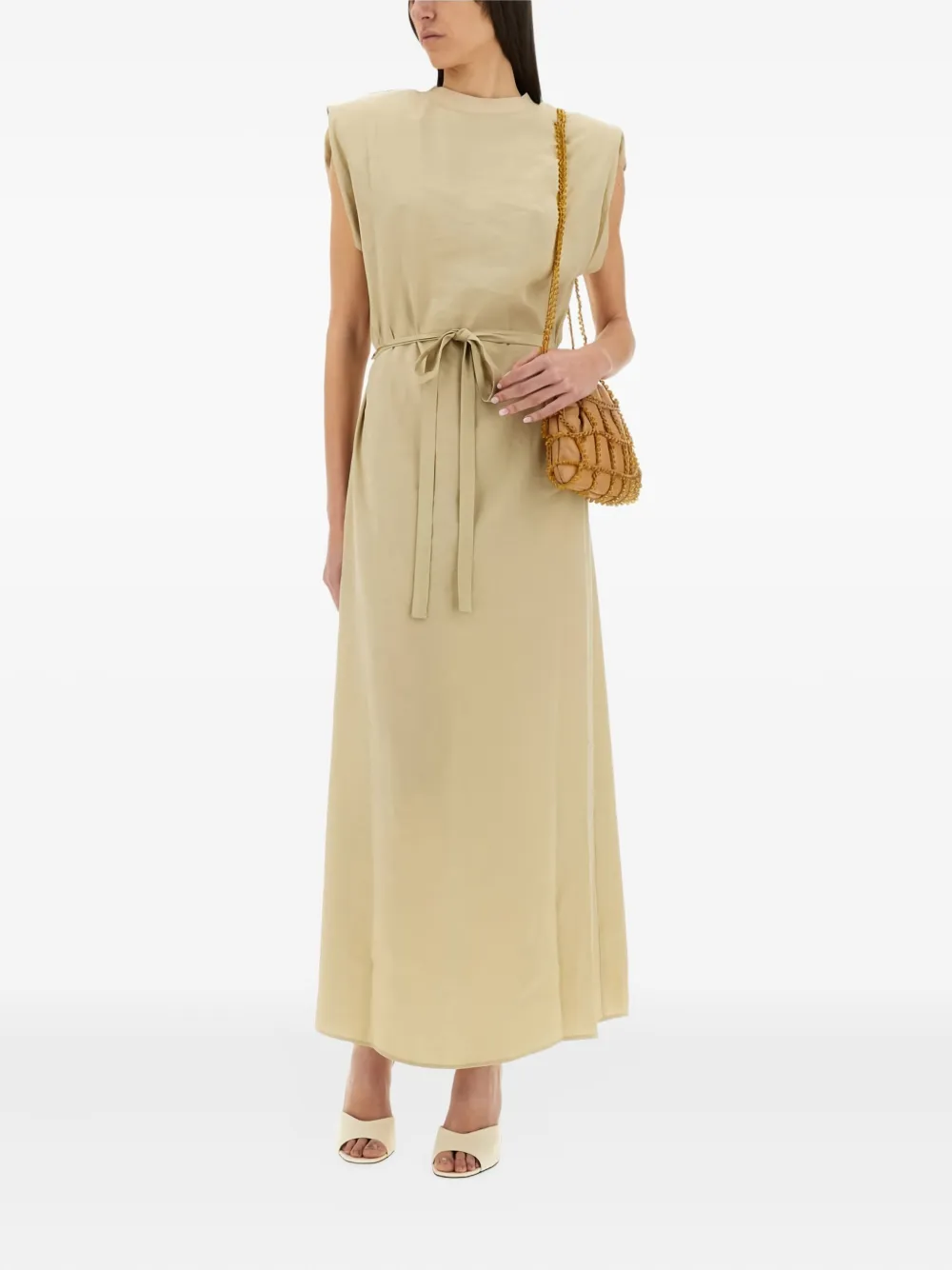 Alysi padded-shoulder belted maxi dress Beige