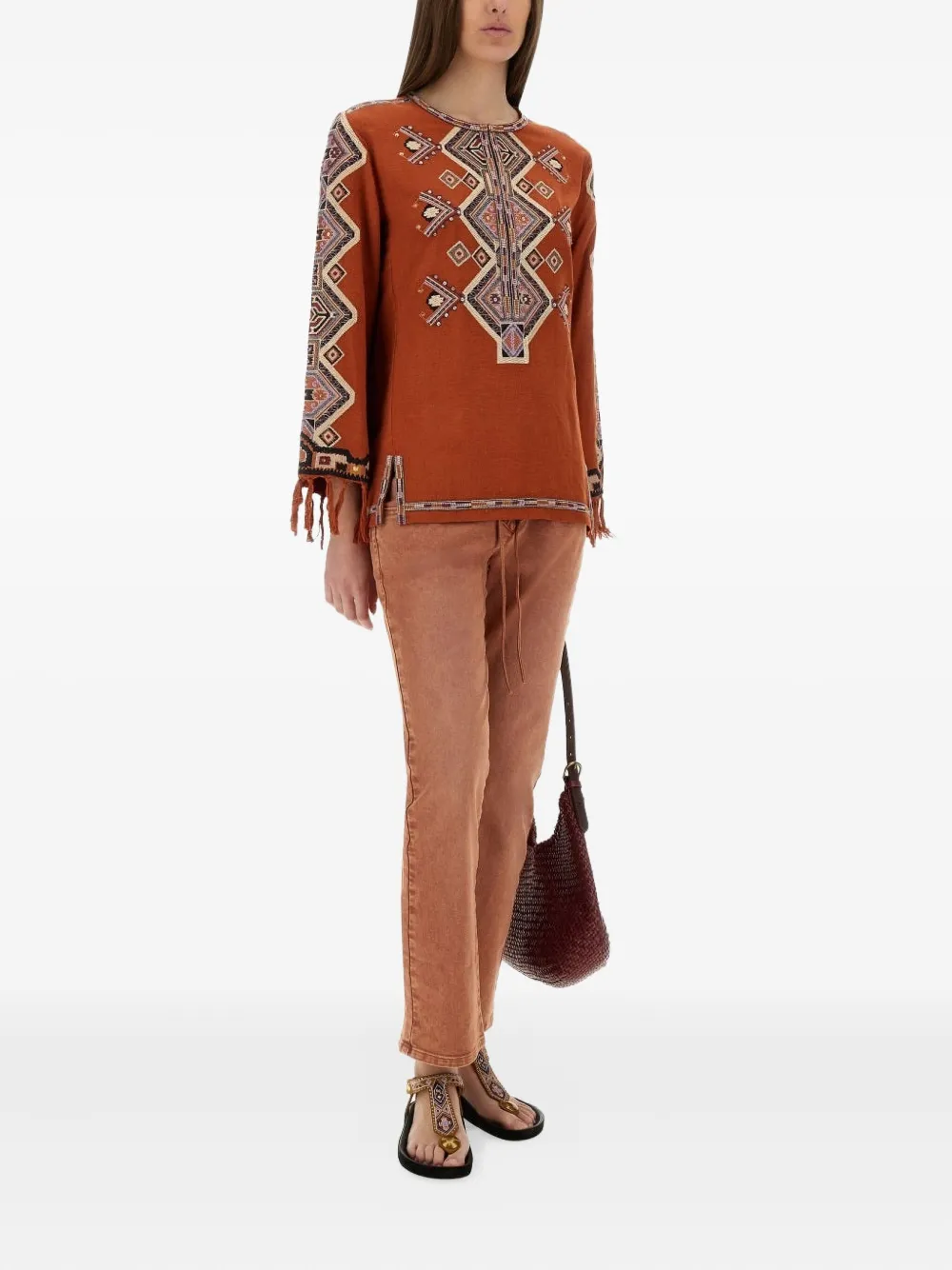 ISABEL MARANT Zelda embroidered fringe top - Bruin