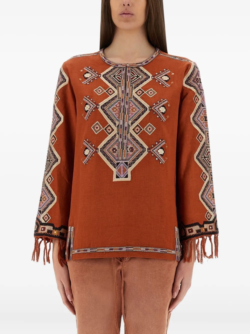 Isabel Marant Zelda Embroidered Fringe Top In Brown