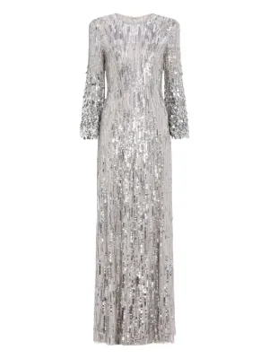 slim fit dress slacks Gin- Metallic Grey Sequin Embellished Stretchable Long Dress with Stole main image 0