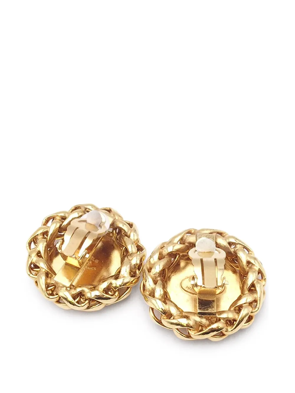 Pre-owned Chanel 1980-1990 Gold Plated Cc Wheat Medallion Clip On Earrings Costume Earrings