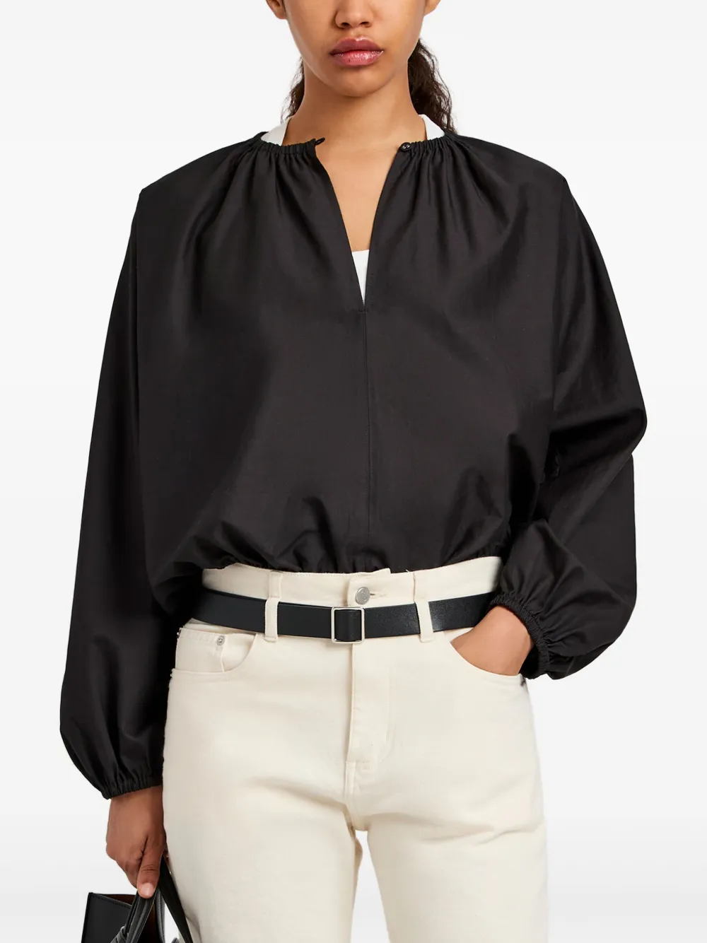 Proenza Schouler White Label Top met gesmockte hals en ballonmouwen Zwart