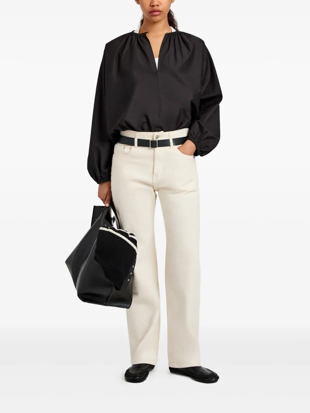 Proenza Schouler White Label Top met gesmockte hals en ballonmouwen - Zwart