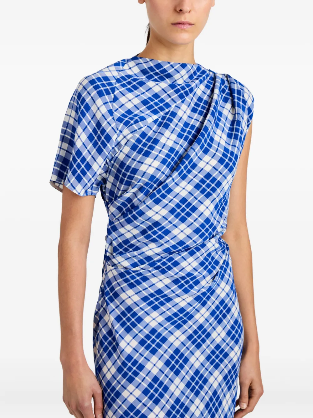 Proenza Schouler Hallie asymmetric-neckline plaid dress Blauw