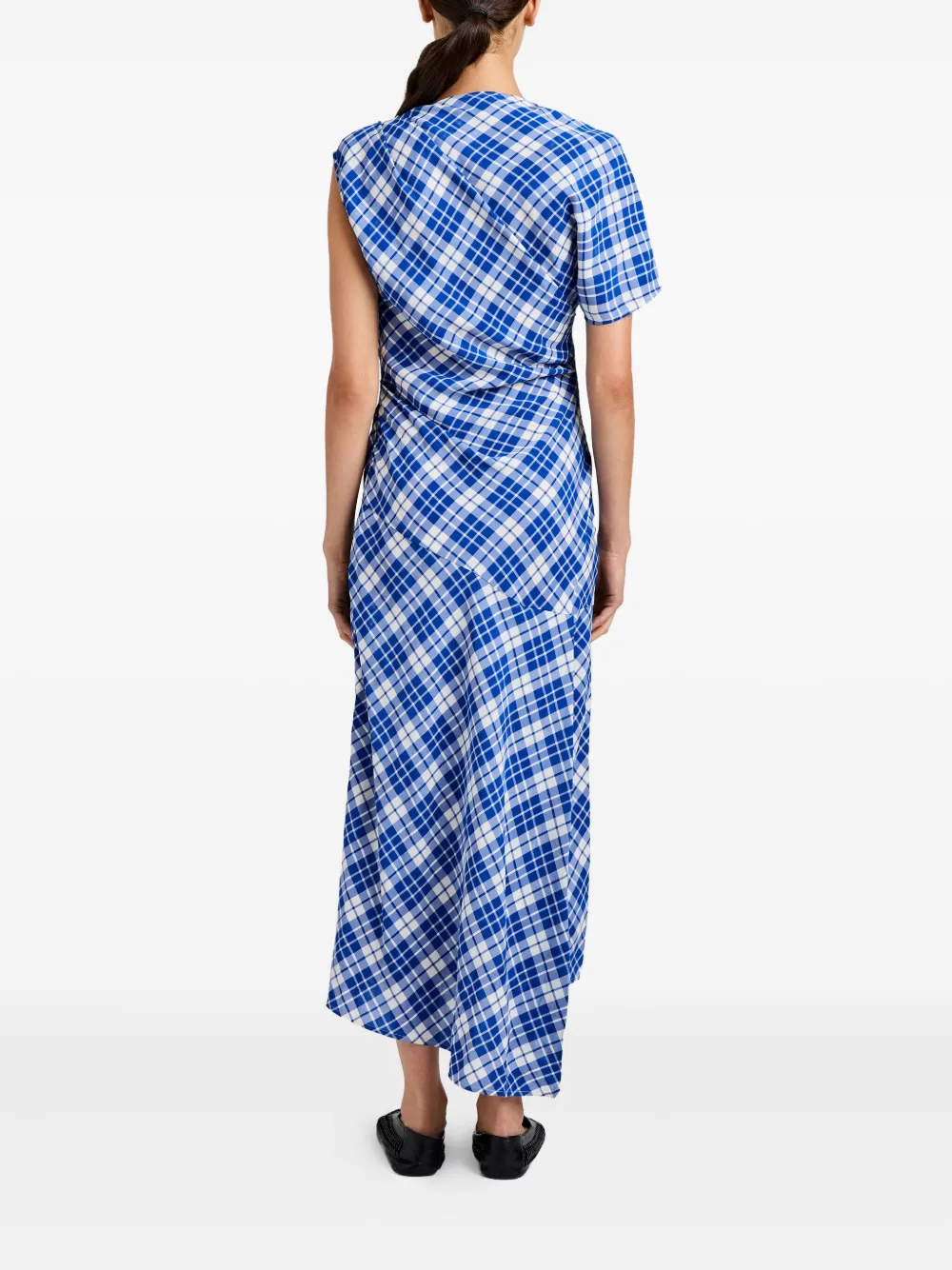 Proenza Schouler Hallie asymmetric-neckline plaid dress Blauw