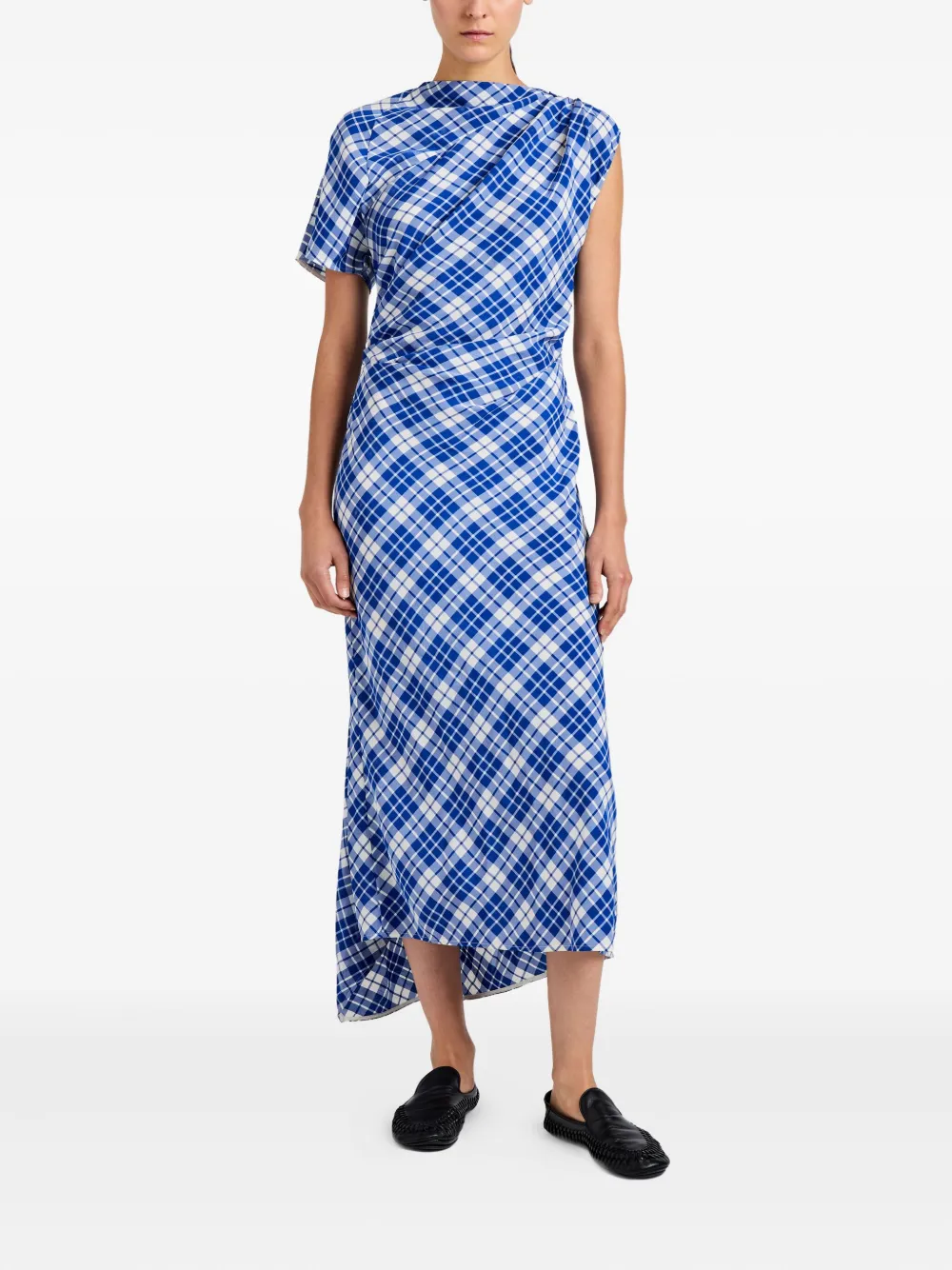 Proenza Schouler Hallie asymmetric-neckline plaid dress Blauw