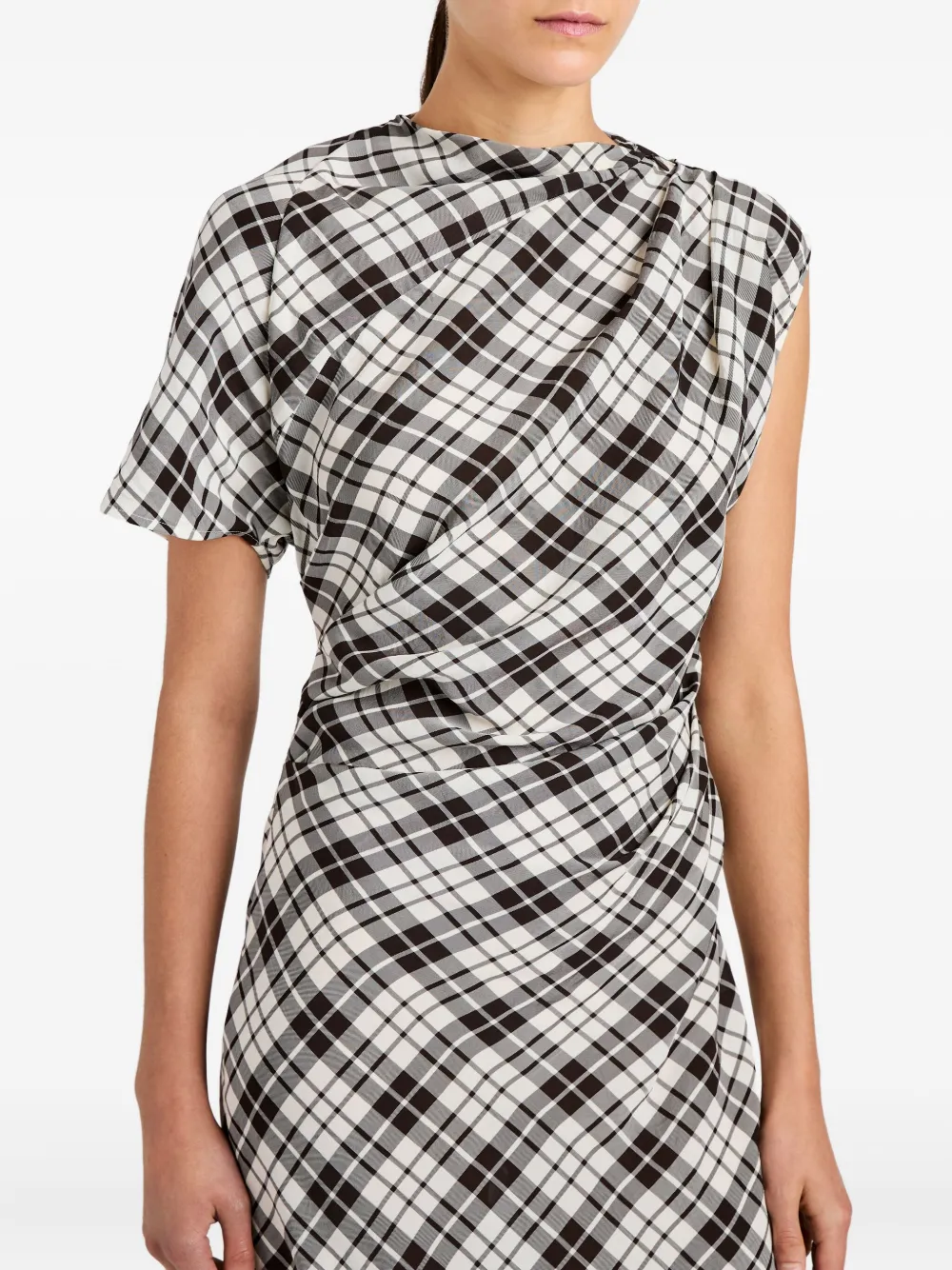 Proenza Schouler Hallie asymmetric-neckline plaid dress Zwart