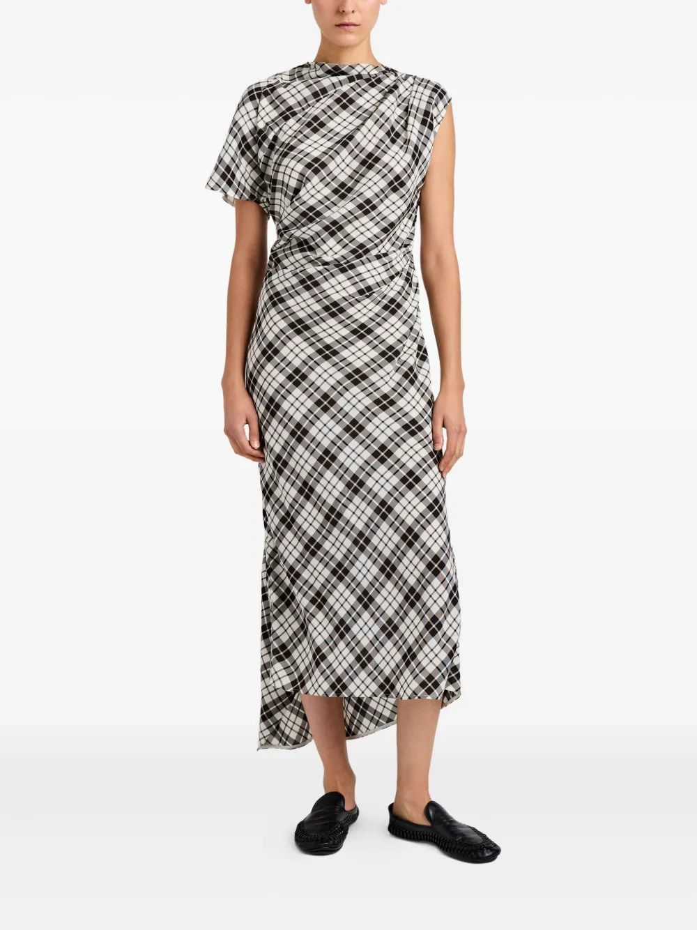 Proenza Schouler Hallie asymmetric-neckline plaid dress Zwart