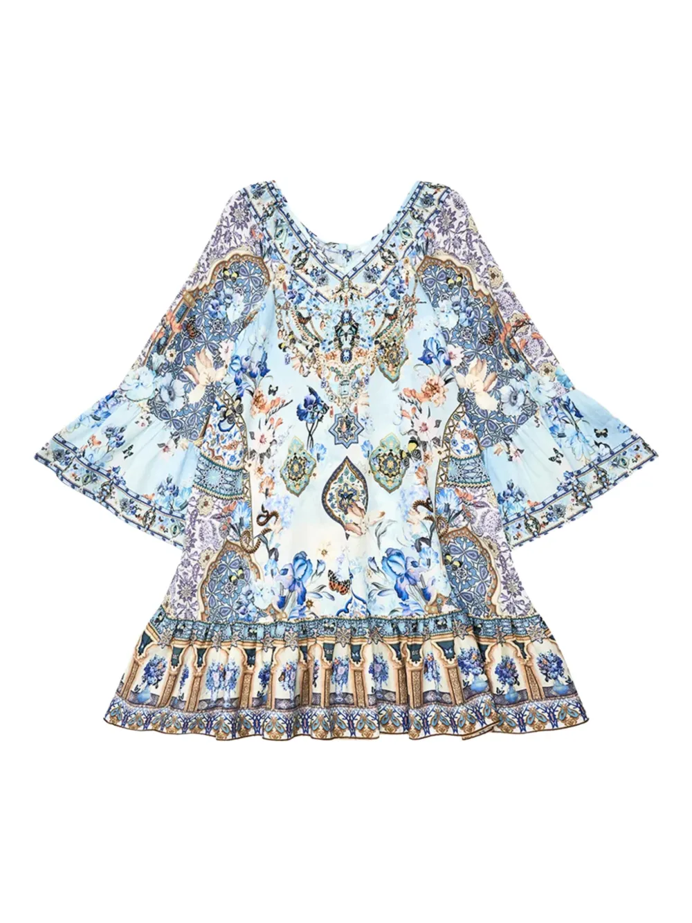 Camilla Kids Jurk met bloe print en klokmouwen Blauw