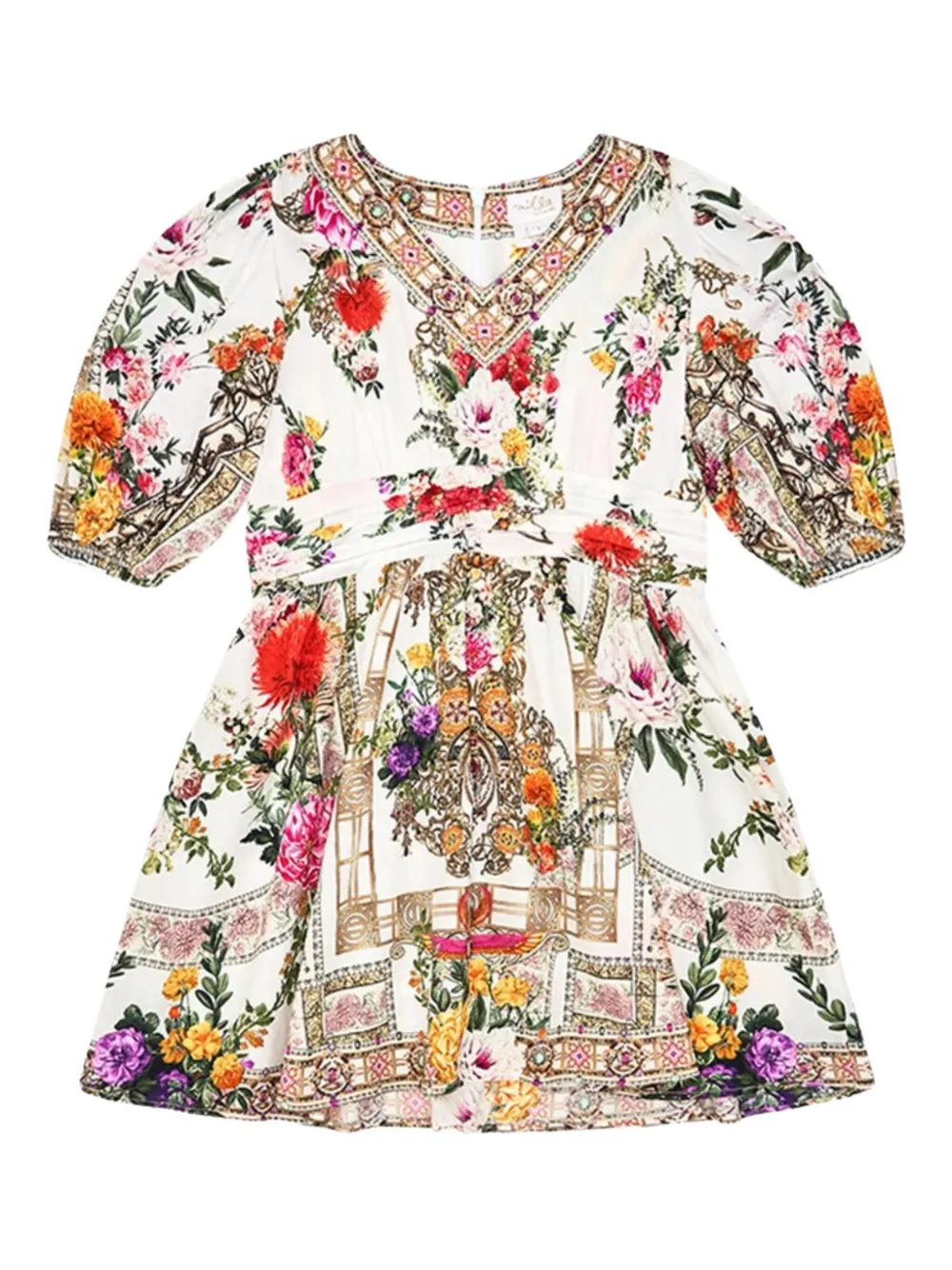 Camilla Kids Jurk met pofmouwen en bloe print Wit