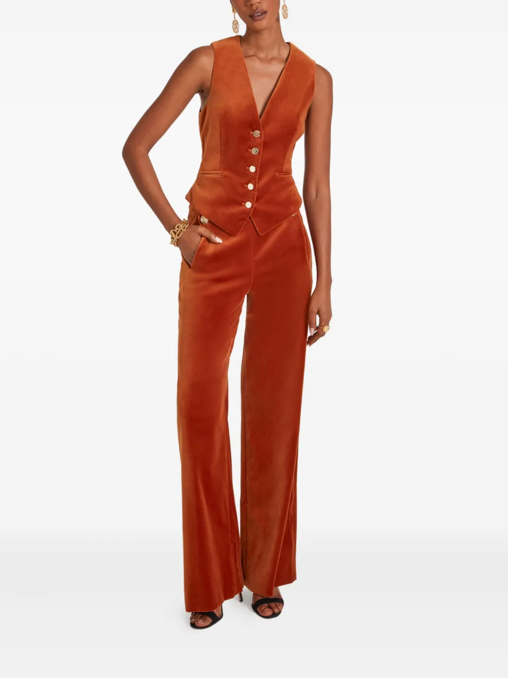 Temperley London Clove Velvet Button Flared Trousers In Orange