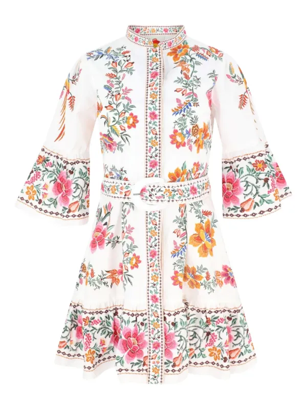FARM Rio floral-embroidered Belted Mini Dress | White | FARFETCH JO