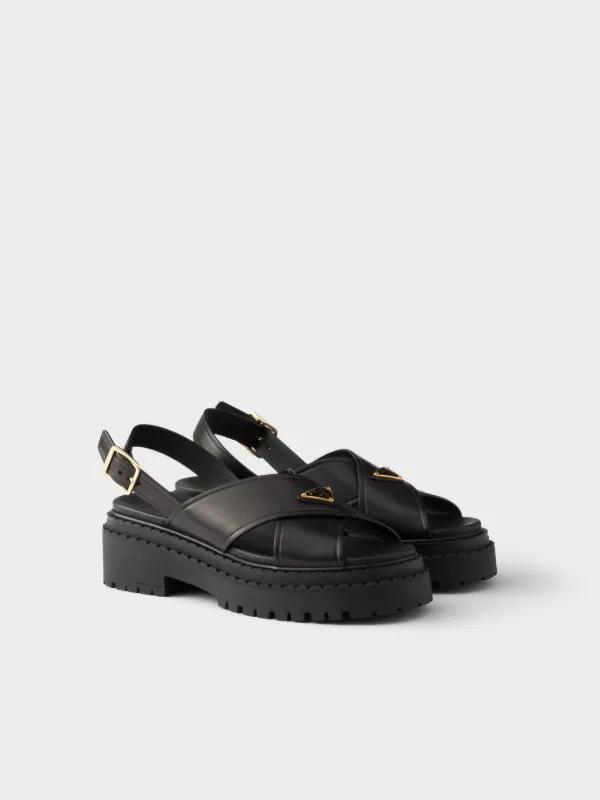 PRADA ブラック サンダル ストラップ付き Prada プラットフォーム レザーサンダル | ブラック | FARFETCH JP