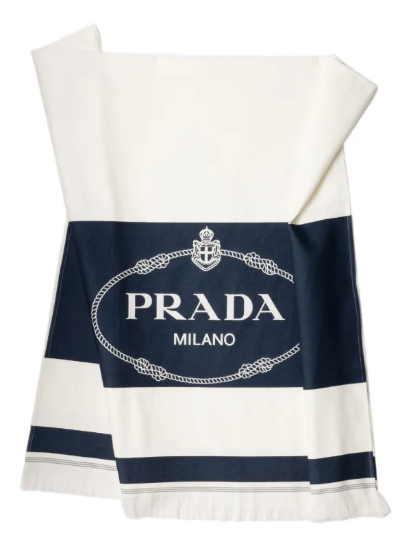 PRADA プラダ ロゴ　ビーチタオル　ブルー　コットン 大人気ギフト】PRADA◇コットン ストライプ ビーチタオル ロゴ