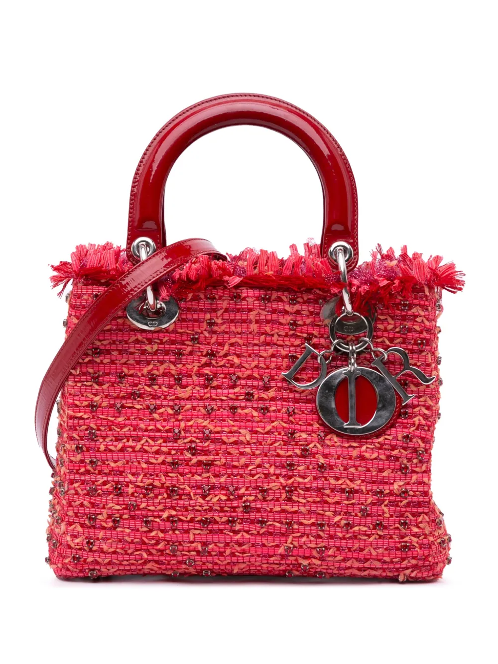 Christian Dior Pre-Owned 2012 ミディアム ツイード フリンジ ラインストーン レディ ディオール Christian Dior Pre-Owned 2012 ミディアム ツイード フリンジ ラインストーン レディ ディオール