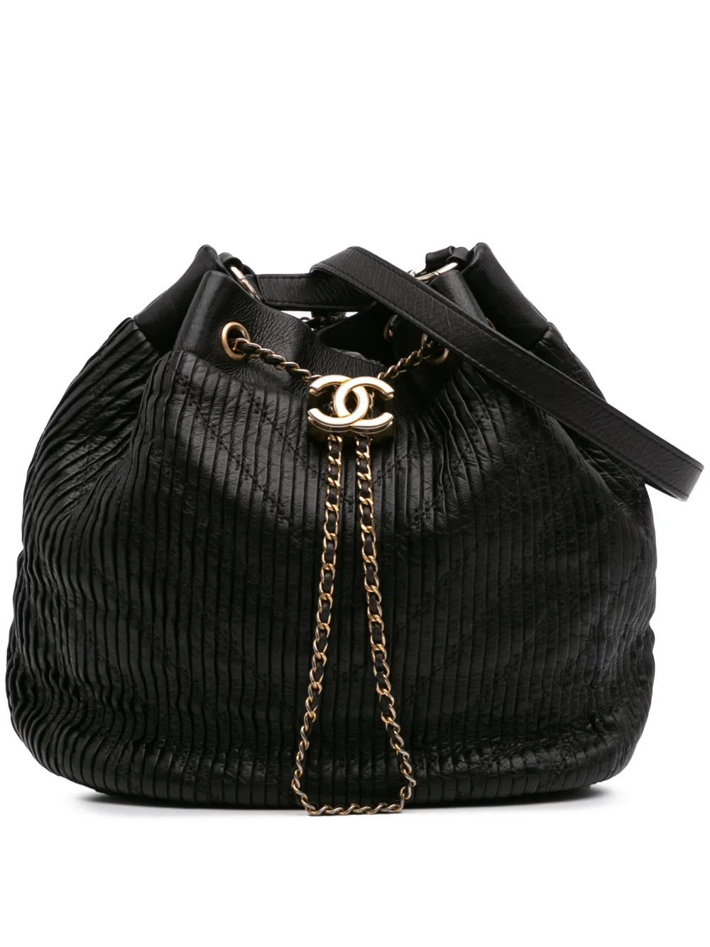 CHANEL Pre-Owned 2017-2018 Medium Crumpled Calfskin Coco Pleats Drawstring bucket bag | Black | Image 1