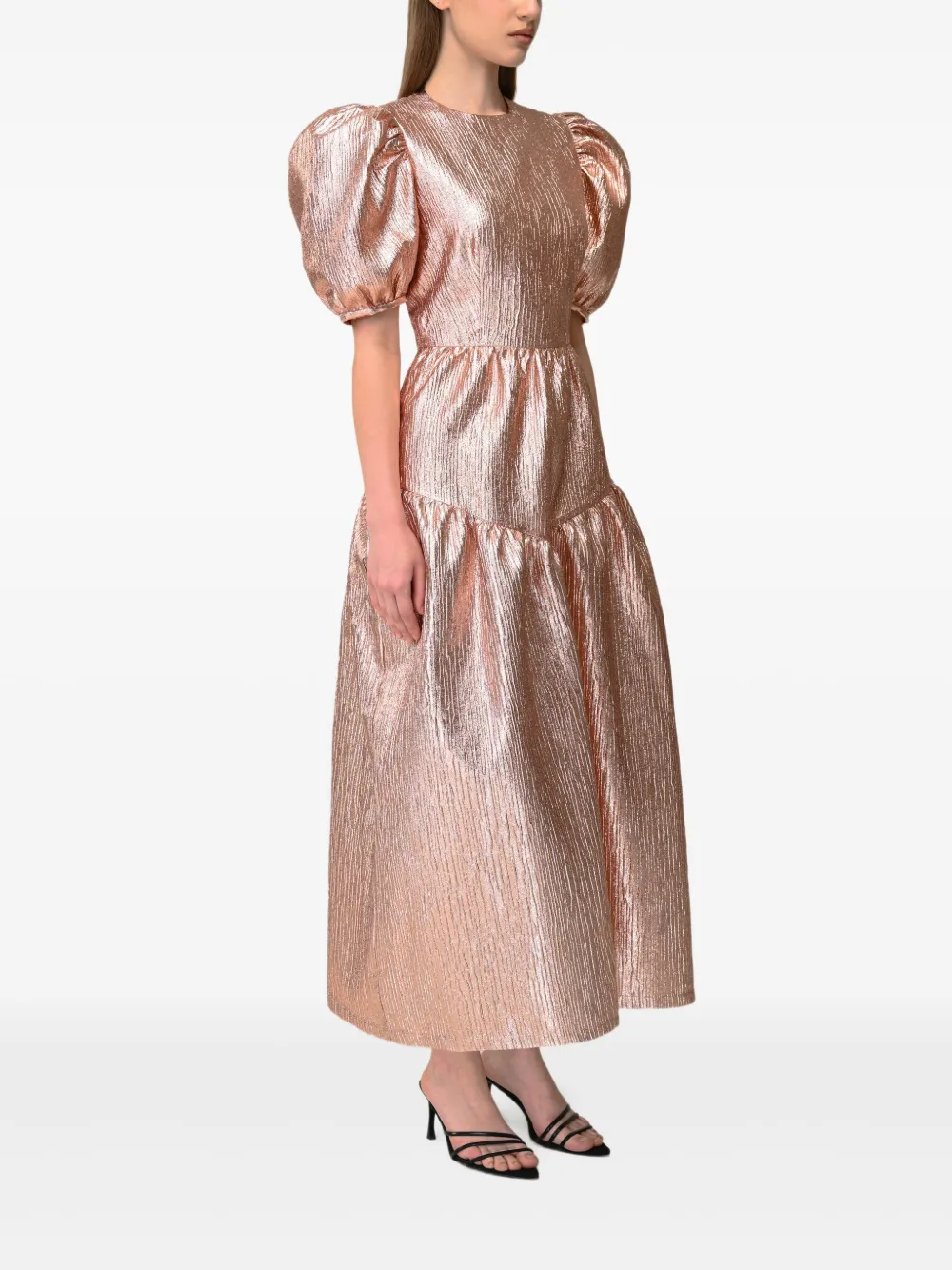 ANOUKI Metallic midi-jurk met pofmouwen Goud