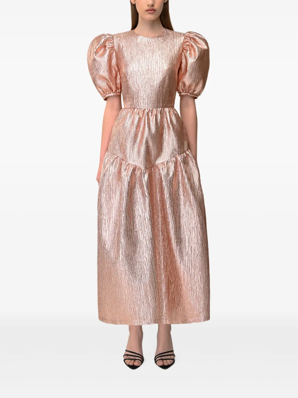 ANOUKI Metallic midi-jurk met pofmouwen - Goud