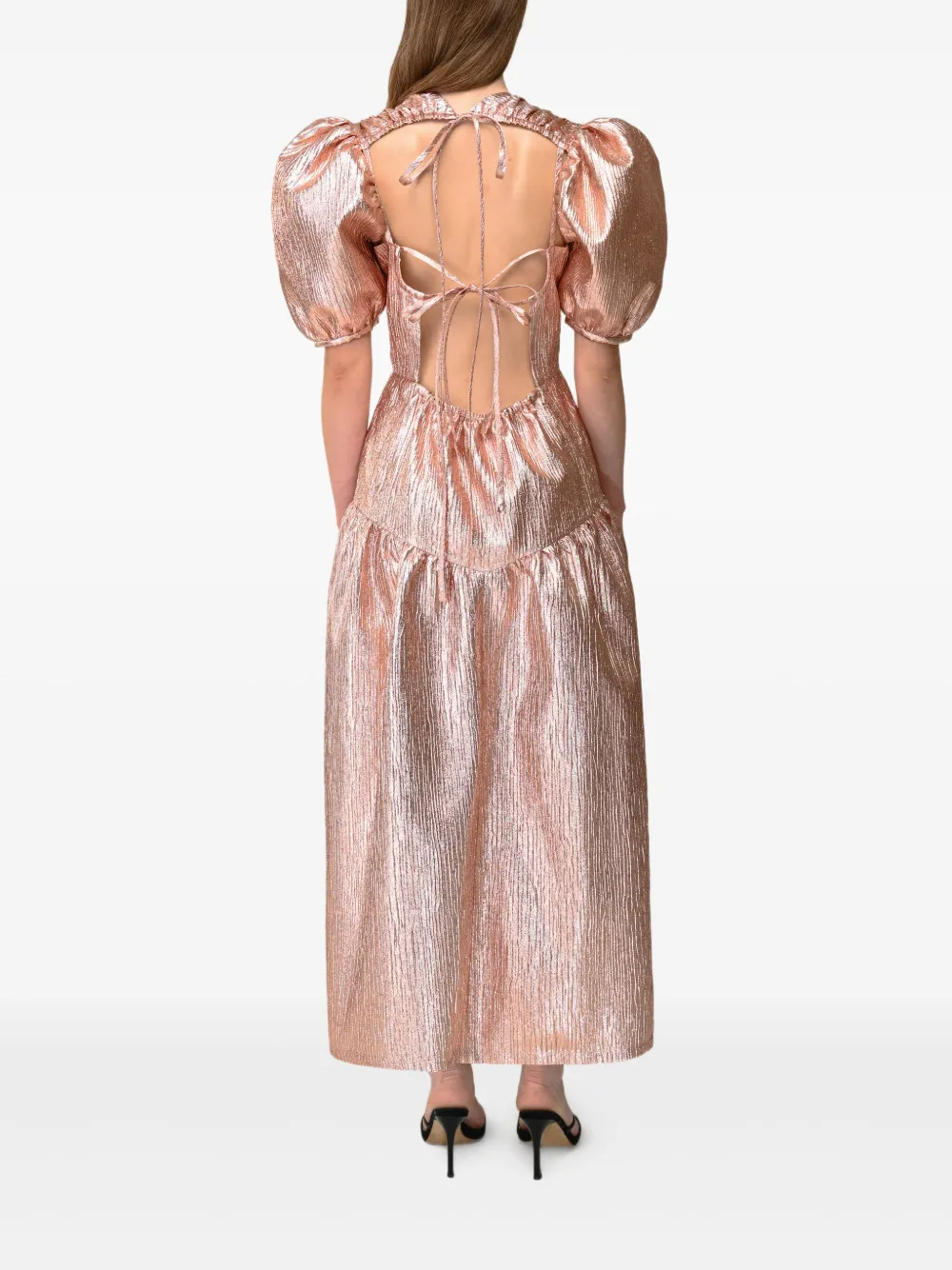ANOUKI Metallic midi-jurk met pofmouwen Goud