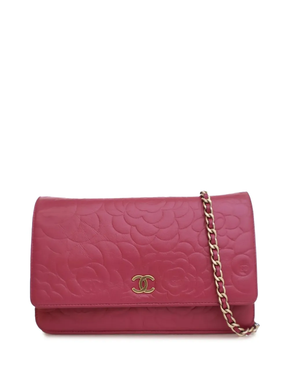 Pre-owned Chanel 2012 Embossed Lambskin Camellia Wallet On Chain Crossbody Bag