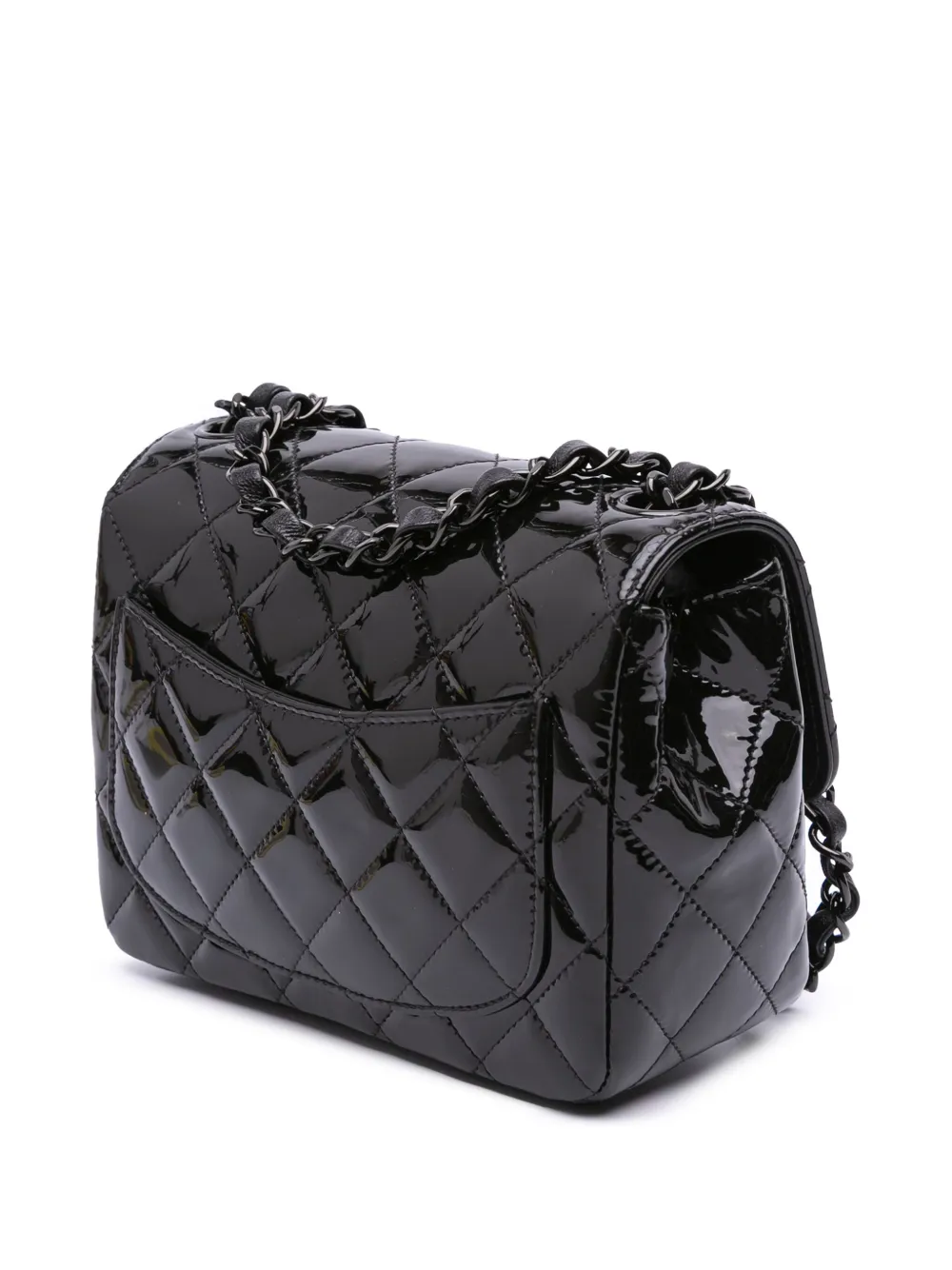 Pre-owned Chanel 2021-2024 Mini Square Classic Patent So Black Single Flap Crossbody Bag