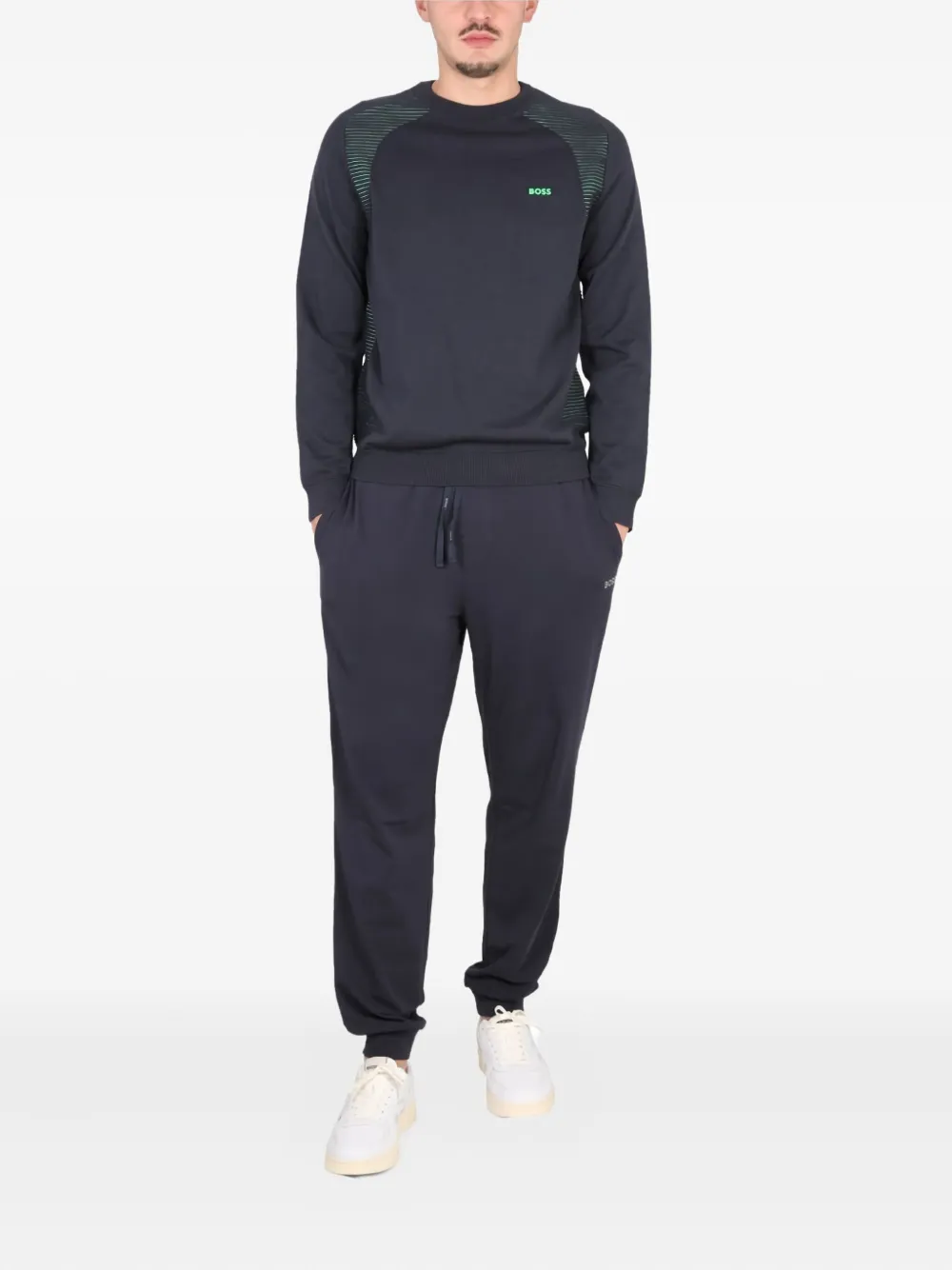BOSS striped-panel crew neck sweatshirt Blauw