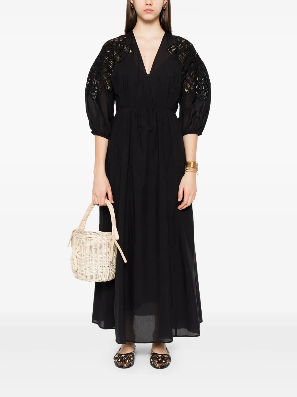 Forte Forte Maxi-jurk met geborduurde schouders - Zwart