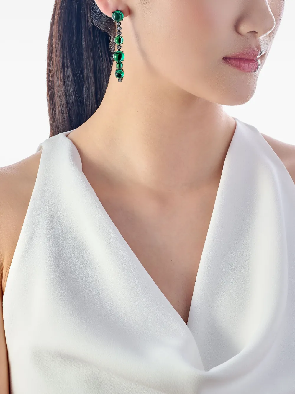 Anabela Chan 18k White Gold Dusk & Dawn Morse Code Emerald And Diamond Earrings In Green