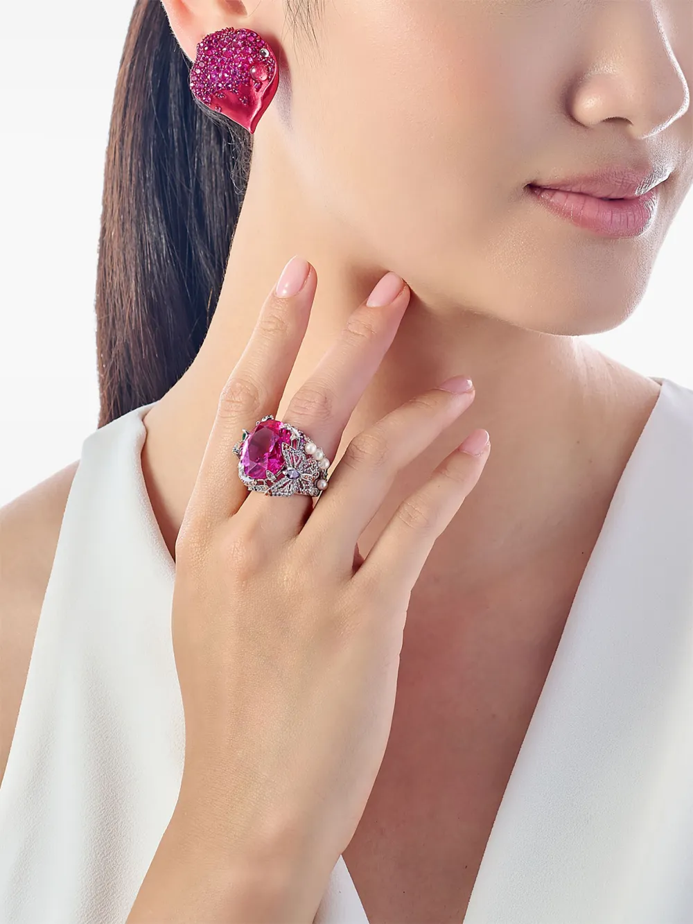 Anabela Chan Floral-motif Multi-stone Earrings In Pink