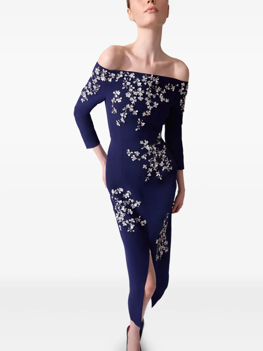 Carolina Herrera Midi-jurk met geborduurde bloemen Blauw