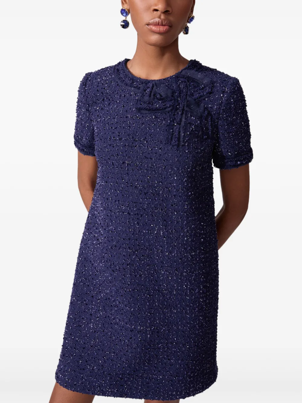 Carolina Herrera Bow-neck Short-sleeve Tweed Mini Dress In Blue
