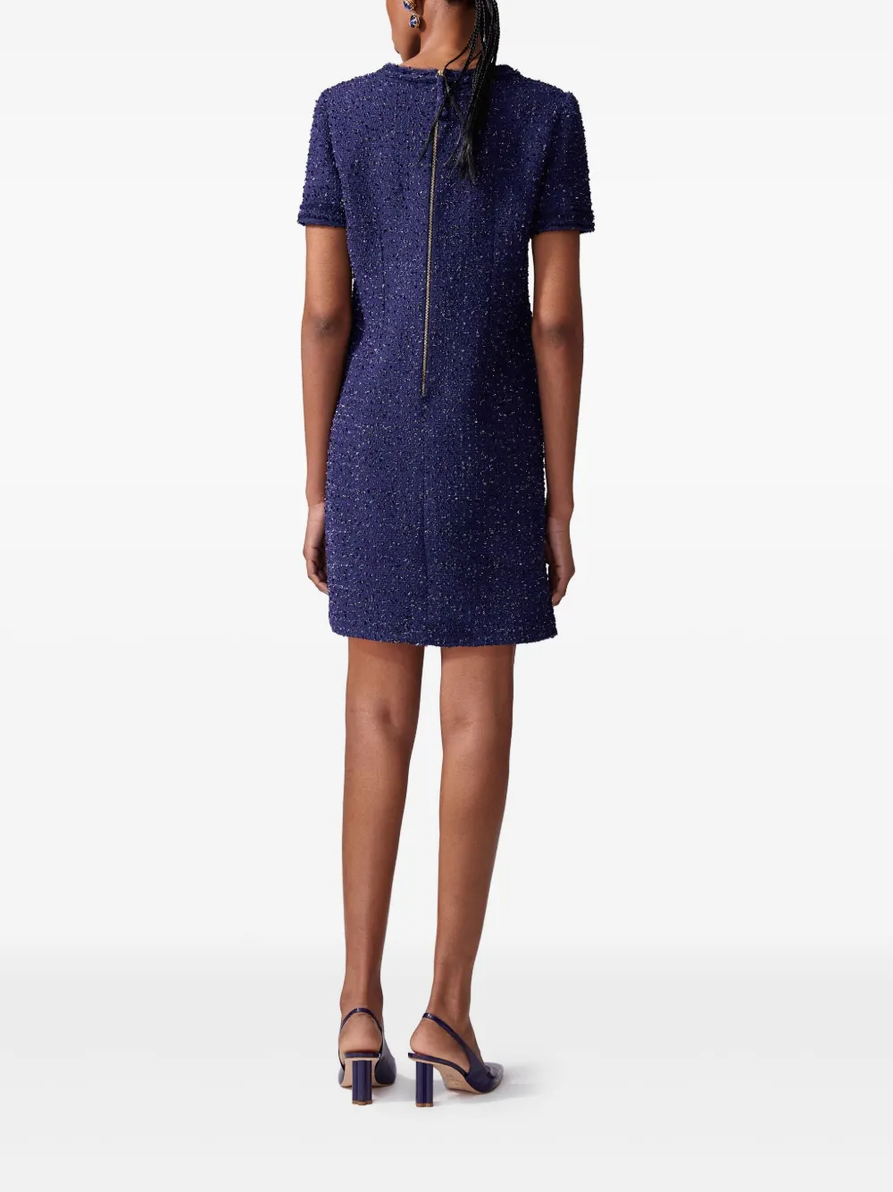 Carolina Herrera Bow-neck Short-sleeve Tweed Mini Dress In Blue