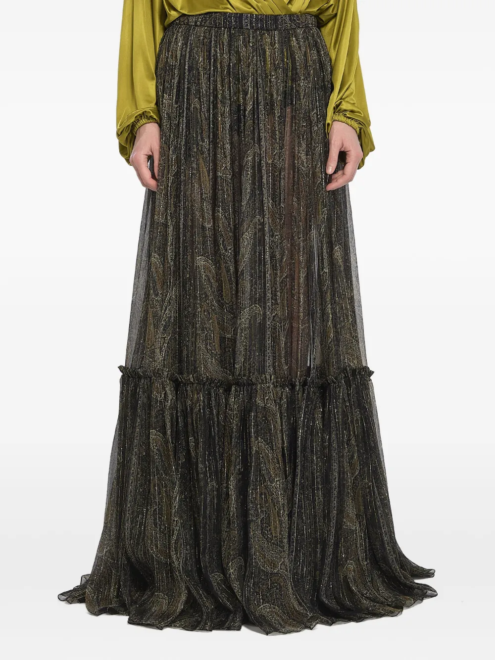 Saint Laurent Gelaagde rok met metallic vezels en paisley-print Groen